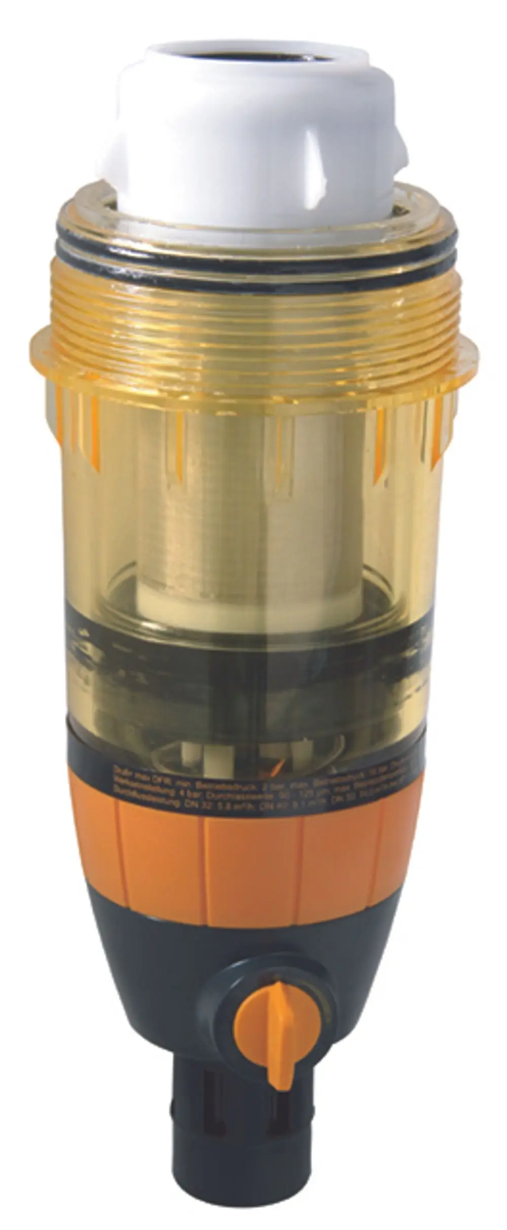 Transparente Filtertasse mit orangefarbenen Akzenten und verstellbarem Ventil von Syr. Entwurf zur Filtration, ausgestattet mit einem durchsichtigen Gehäuse zur Überprüfung des Filters.